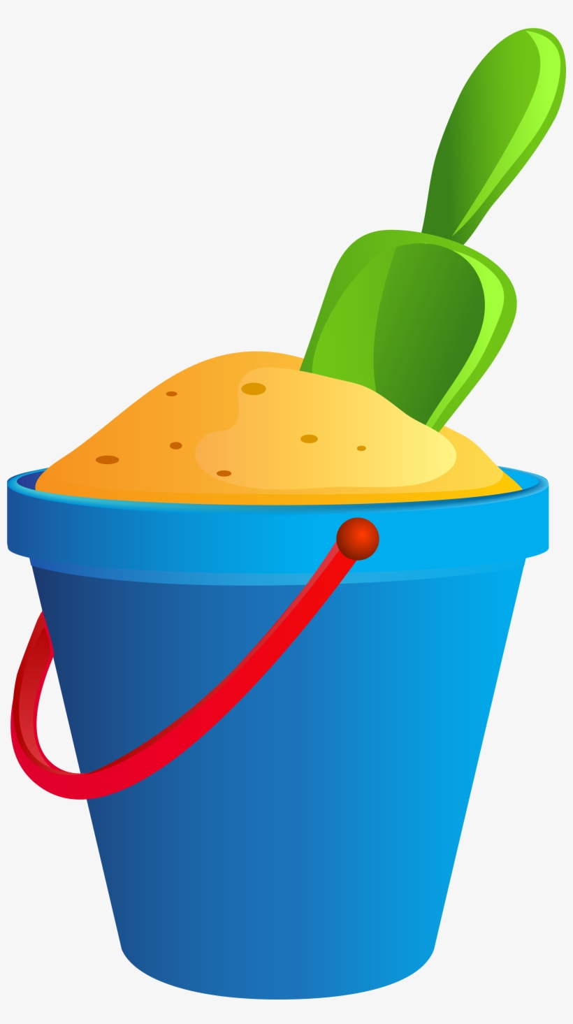 Blue plastic bucket filled with yellow sand and a green shovel, red handle visible.