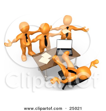 Orange 3D office workers collaborating around a laptop while one falls backward in a chair.