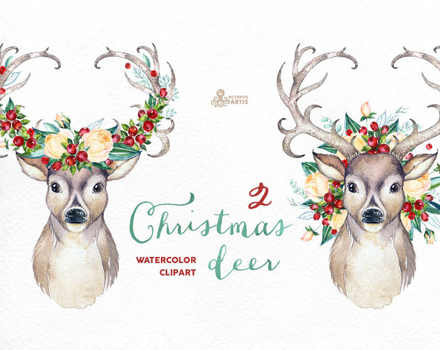 Two watercolor Christmas deer with floral wreaths and antlers, festive holiday clipart.