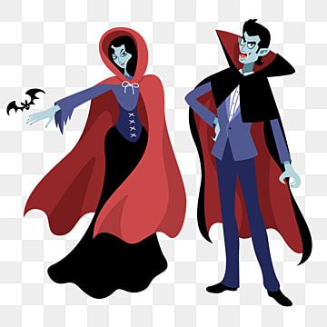 Cartoon vampire couple in red capes, one female with bat, one male with fangs and suit, Halloween theme.
