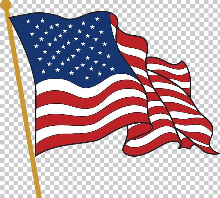 Waving American flag on a gold flagpole against transparent background, cartoon-style illustration.