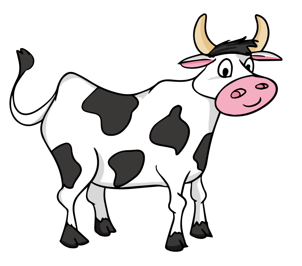 Friendly cartoon cow with black spots, pink nose, and yellow horns standing against black background.