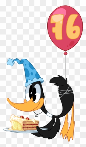 Daffy Duck in party hat holding cake with "76" balloon, celebrating birthday.