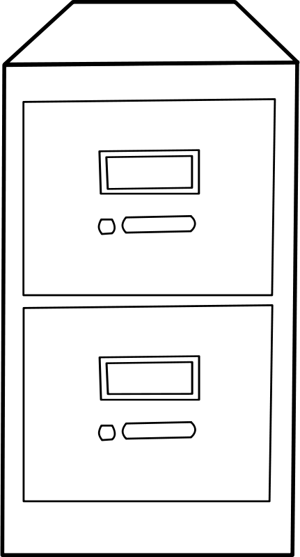Line drawing of a two-drawer vertical filing cabinet with label slots and handles.