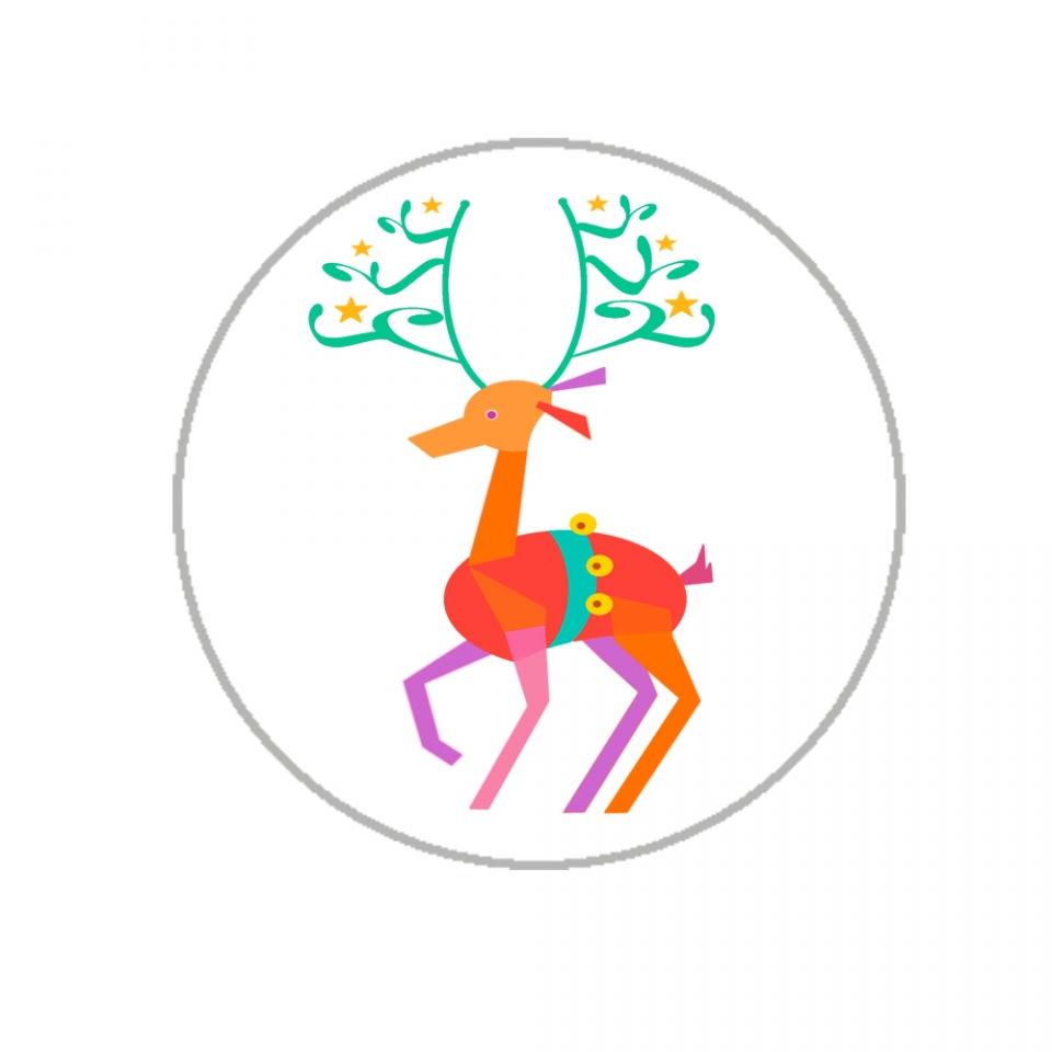 Colorful stylized reindeer with green antlers adorned with stars, wearing a red harness with gold buttons, in a circular frame.