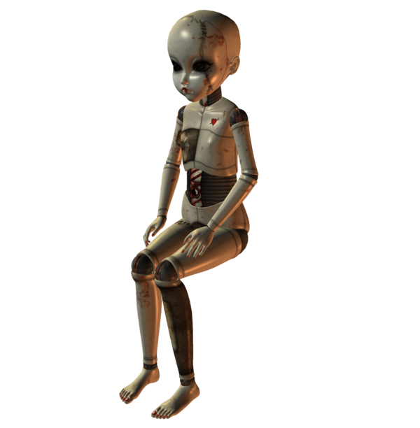 Distressed humanoid robot doll with exposed wiring, bloodstains, and cracked face, sitting in a pose of vulnerability.
