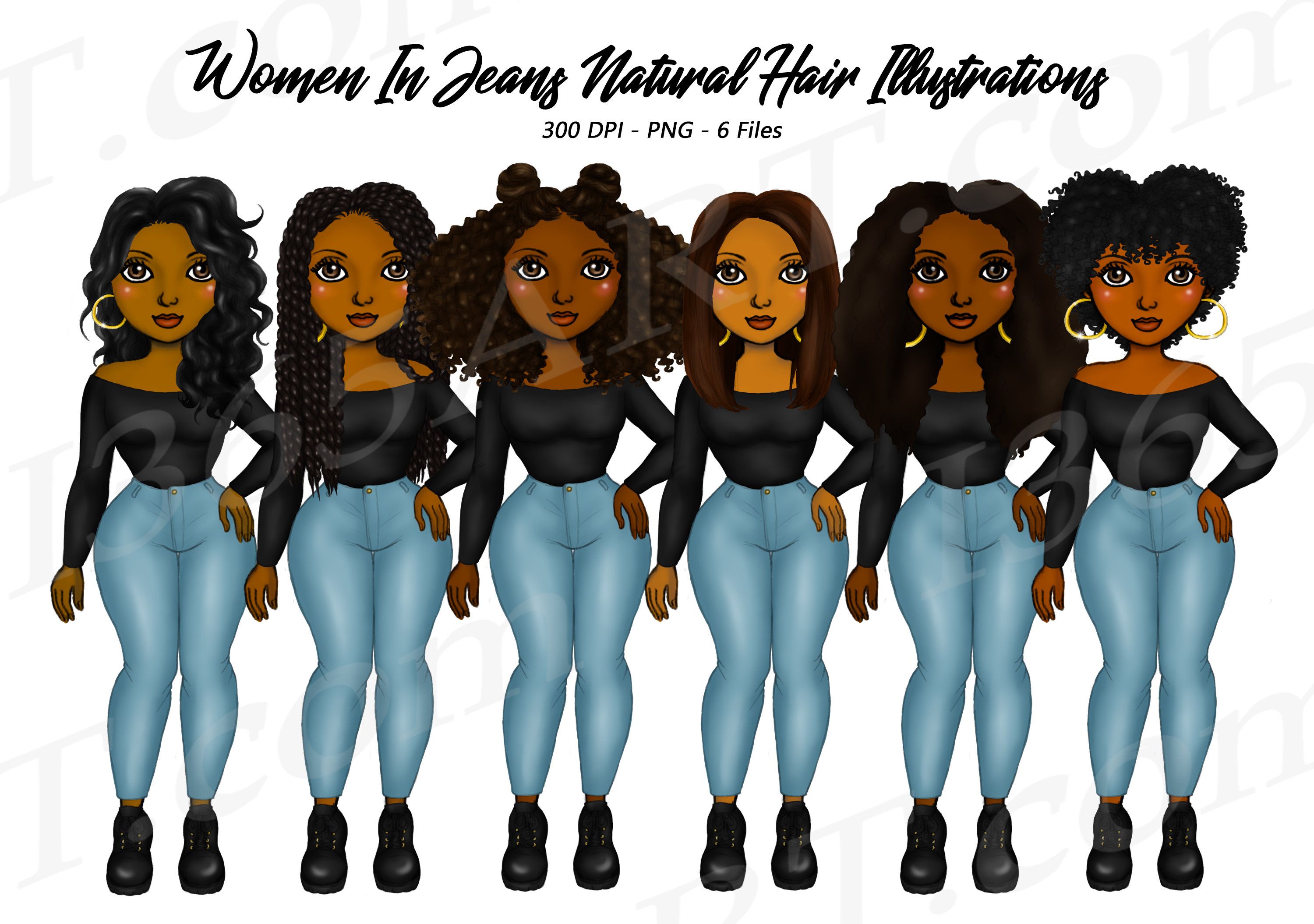 Six illustrated Black women with diverse natural hairstyles, wearing black tops, blue jeans, and boots.