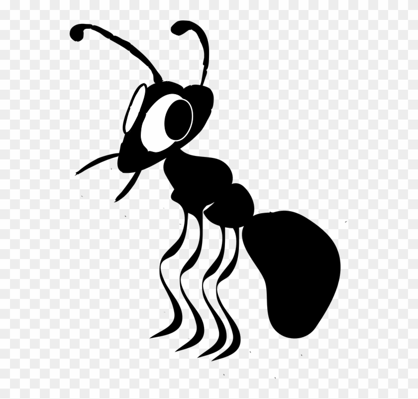 Black cartoon ant with large eyes, curved antennae, and wavy legs on transparent background.