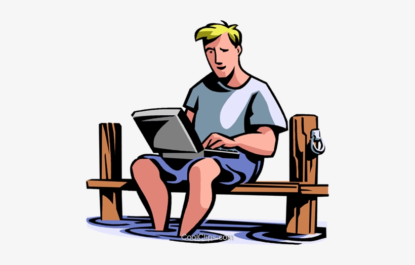 Man with laptop sitting on wooden dock bench, feet in water, working remotely.