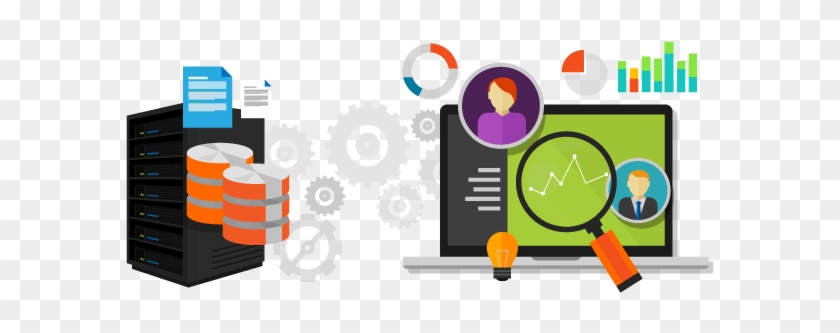 Server stack with databases, gears, laptop displaying analytics dashboard, magnifying glass, and user avatars.