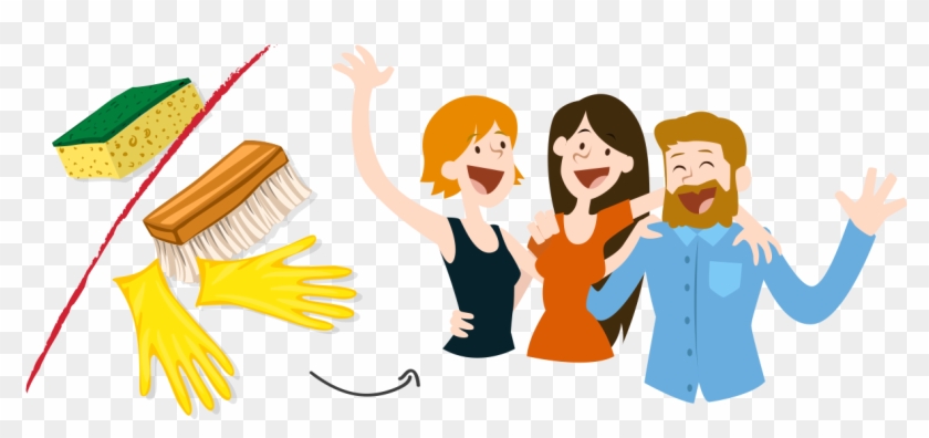 Three smiling people celebrating next to cleaning supplies-sponge, brush, and gloves-with a red checkmark indicating completion.