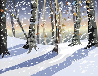 Winter Forest Path Scene - Serene Snowfall & Birch Trees Illustration