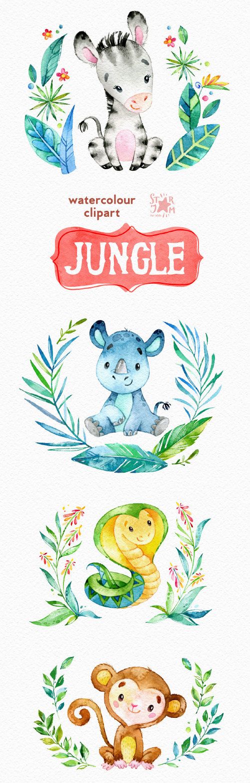 Watercolor jungle animal clipart set featuring zebra, rhino, snake, and monkey surrounded by tropical foliage.