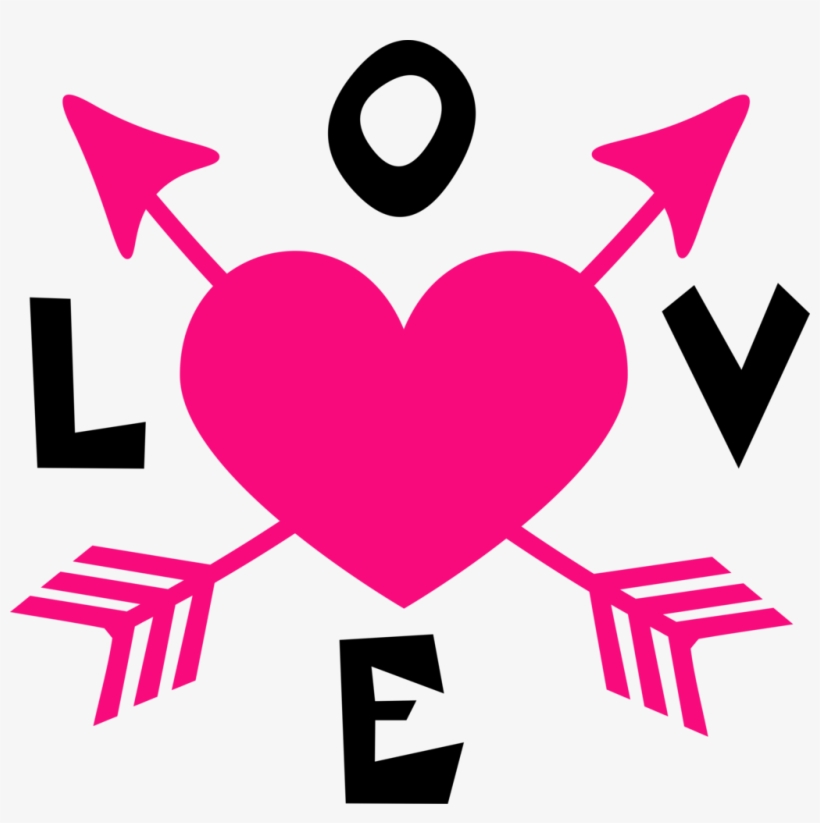 Pink heart pierced by four arrows with bold black "LOVE" letters around it.