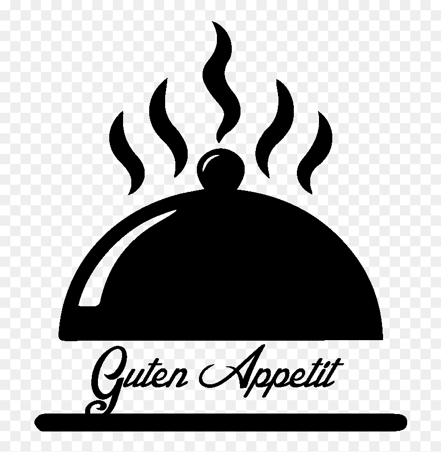 Steaming food under a cloche with "Guten Appetit" text below.