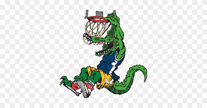 A green cartoon alligator in a blue jersey and yellow shorts dunking a basketball through a hoop.