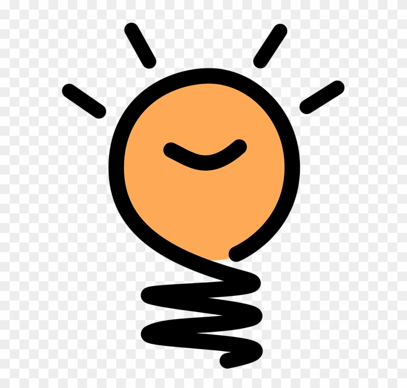 Smiling orange lightbulb with black outline and radiating lines, symbolizing ideas or creativity.