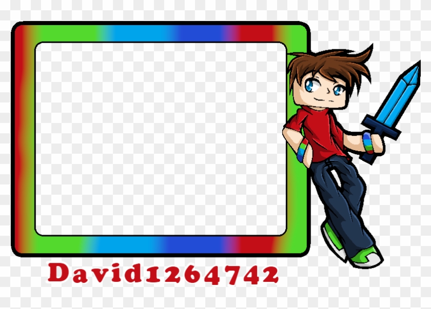 Cartoon boy with blue sword leaning on rainbow-bordered frame; text "David1264742" below.