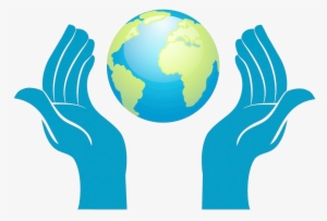 Two blue hands cradling a green and blue Earth globe, symbolizing environmental protection and global care.