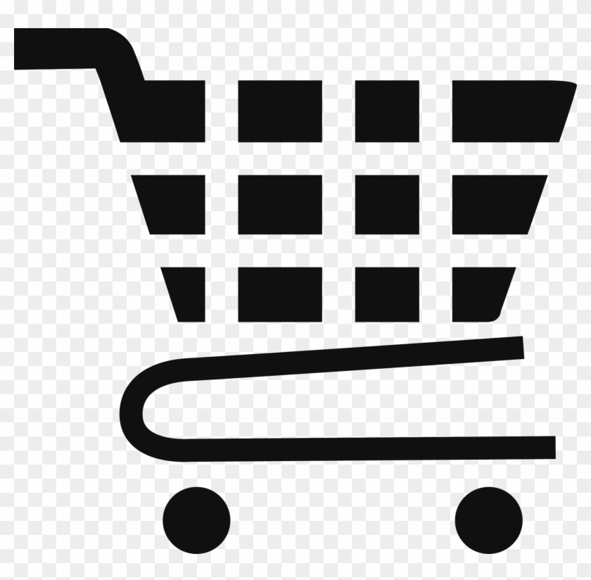 Black shopping cart icon with grid pattern basket, handle, and two wheels on transparent background.
