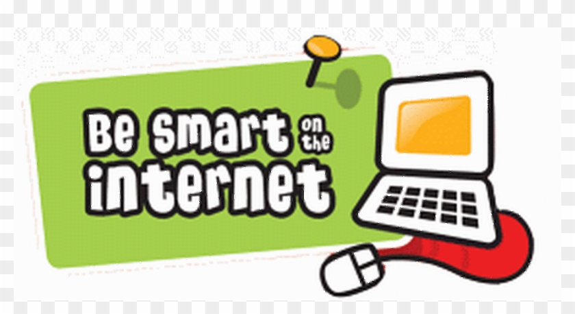 Be Smart on the Internet - colorful educational graphic with laptop, mouse, and green banner.