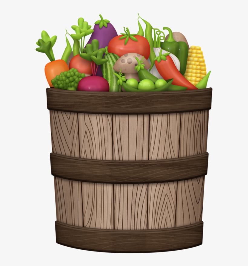 Wooden barrel overflowing with colorful fresh vegetables including carrots, tomatoes, corn, mushrooms, and peppers.