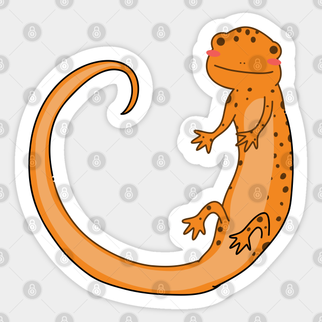 Cute orange spotted salamander sticker with a smiling face and curled tail, in cartoon style.