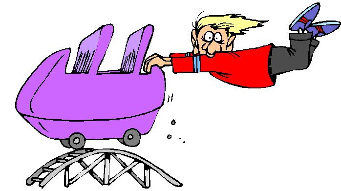 A cartoon man in a red shirt is flying off a purple roller coaster car as it crests a hill.