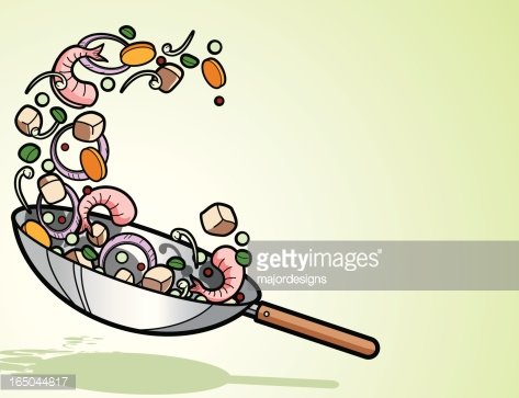 A colorful cartoon wok tossing shrimp, onions, tofu, and vegetables in mid-air against a soft green background.