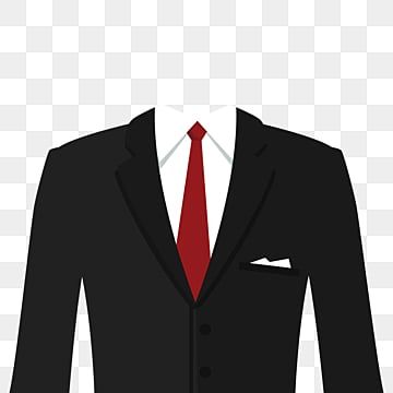 Black suit with white shirt, red tie, and pocket square on transparent background.