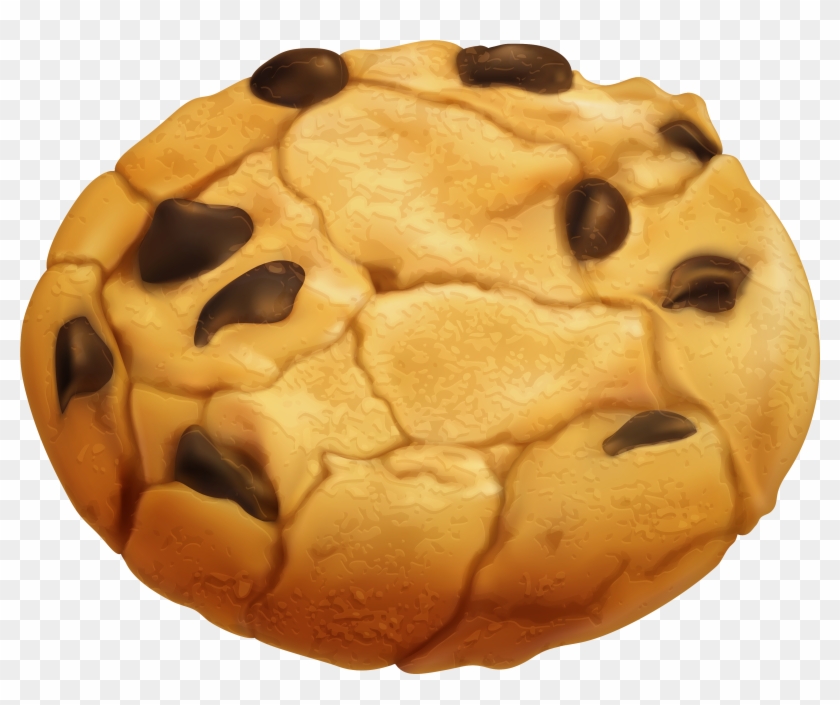 Golden-brown chocolate chip cookie with glossy melted chips and cracked surface texture.