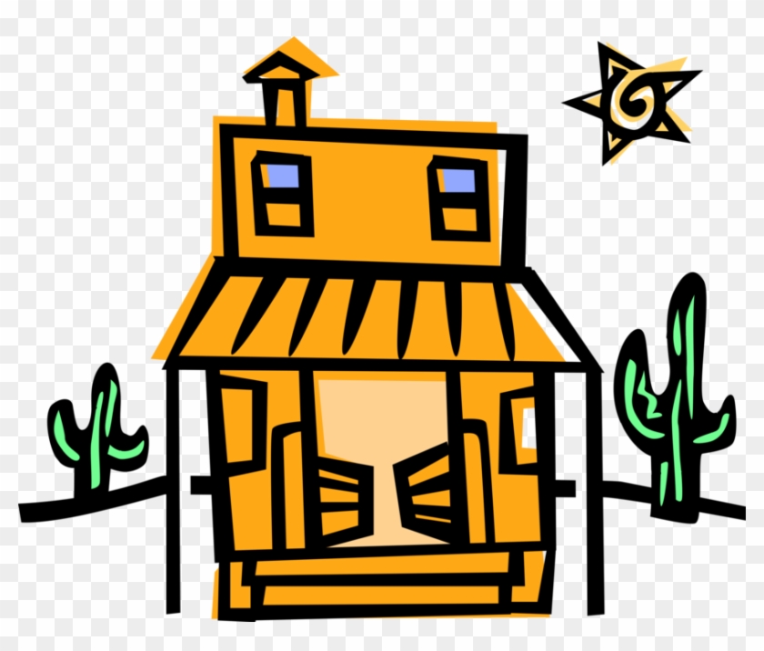 Stylized cartoon desert house with cacti, star, and orange adobe architecture.