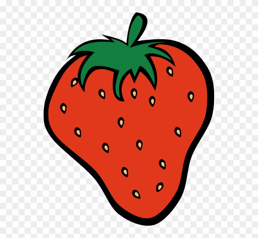 Bright red cartoon strawberry with green leafy top and yellow seeds on transparent background.