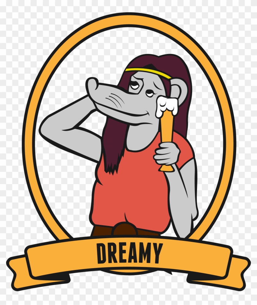 A cartoon rat with long purple hair, wearing a red shirt and yellow headband, sipping beer with a dreamy expression inside an oval frame labeled "DREAMY".