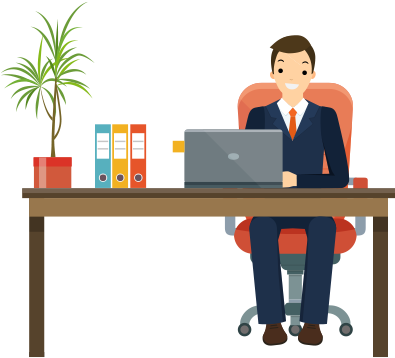 Business professional smiling at desk with laptop, binders, and potted plant.