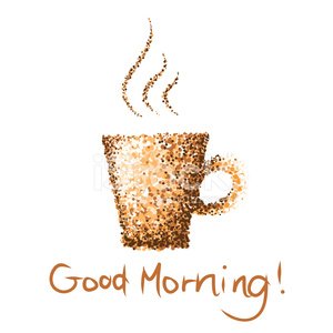 A steaming coffee cup made of coffee beans with "Good Morning!" written below in cursive brown text.