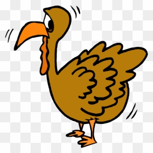 Cartoon turkey with orange beak and wattle, flapping wings and startled expression on transparent background.