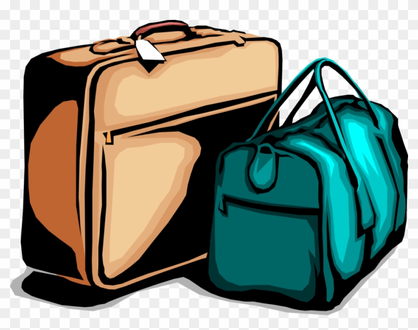 Beige hard-shell suitcase with luggage tag next to a teal soft-sided duffel bag, cartoon-style illustration.