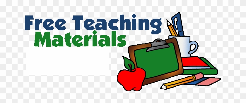 Free Teaching Materials logo with apple, clipboard, pencils, and mug on transparent background.
