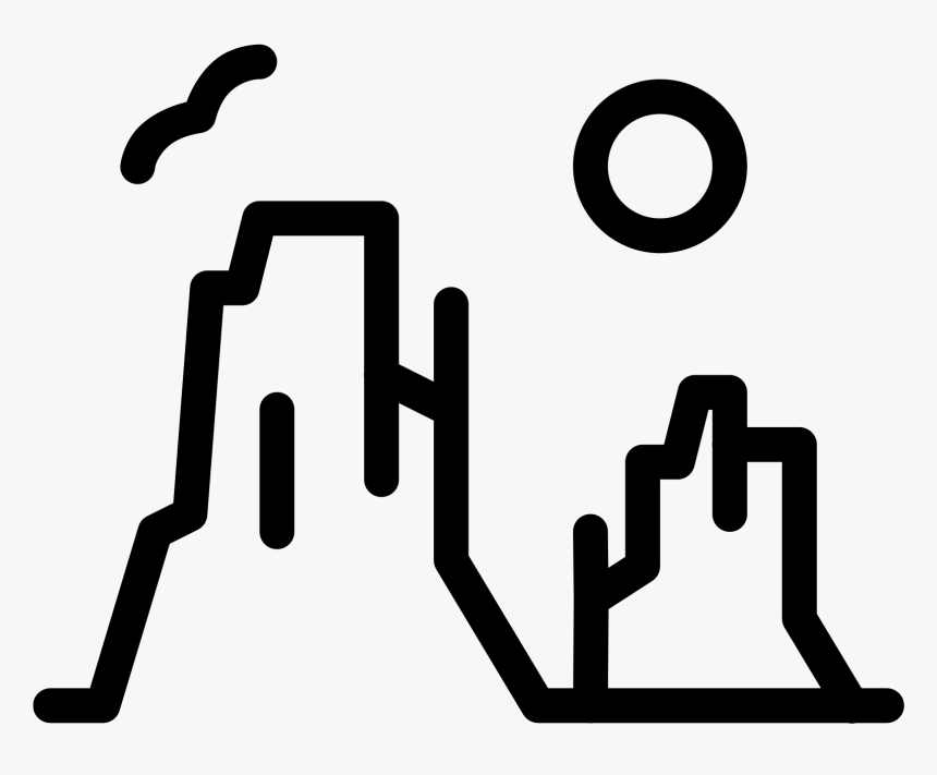 Abstract line art depicting two mountain peaks, a rising sun, and smoke or steam plume.