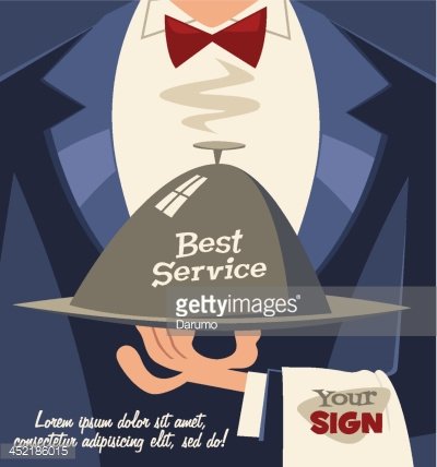 Waiter in formal attire presenting a cloche with "Best Service" text and a napkin labeled "Your SIGN".