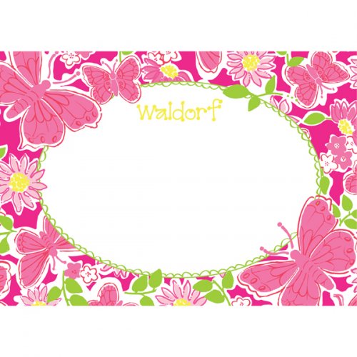 Pink floral and butterfly border frame with "Waldorf" in yellow script, white central space for customization.