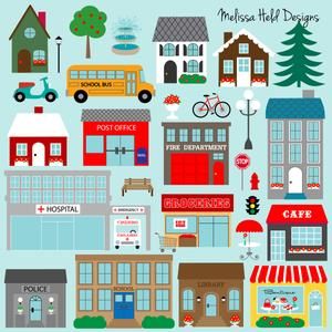 Colorful cartoon-style town scene with houses, shops, vehicles, and public buildings like hospital, post office, and fire department.
