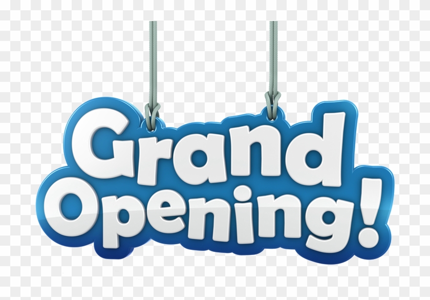 Blue 3D "Grand Opening!" sign hanging from ropes on transparent background.