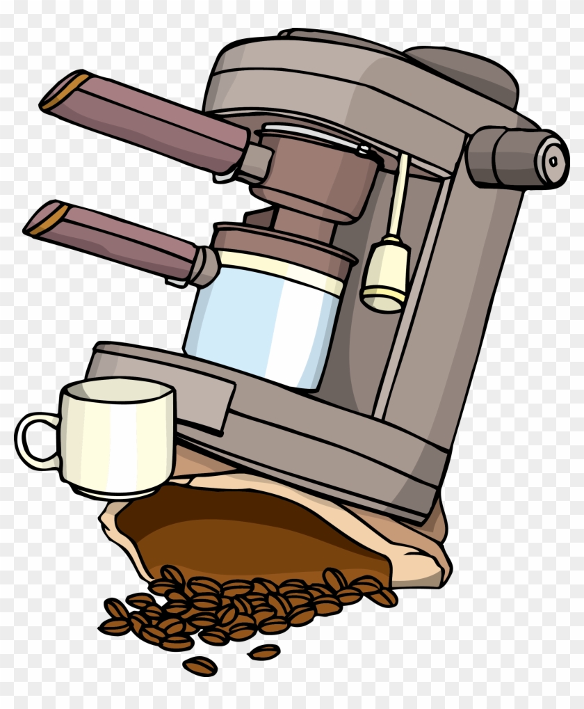 Cartoon-style espresso machine with coffee cup, beans, and grinder on checkered background.