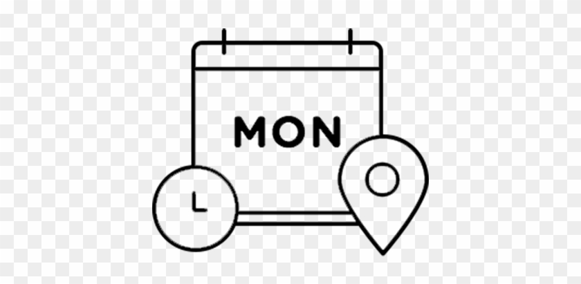 Calendar icon showing Monday with a location pin and clock symbol, indicating scheduled event at a specific place and time.
