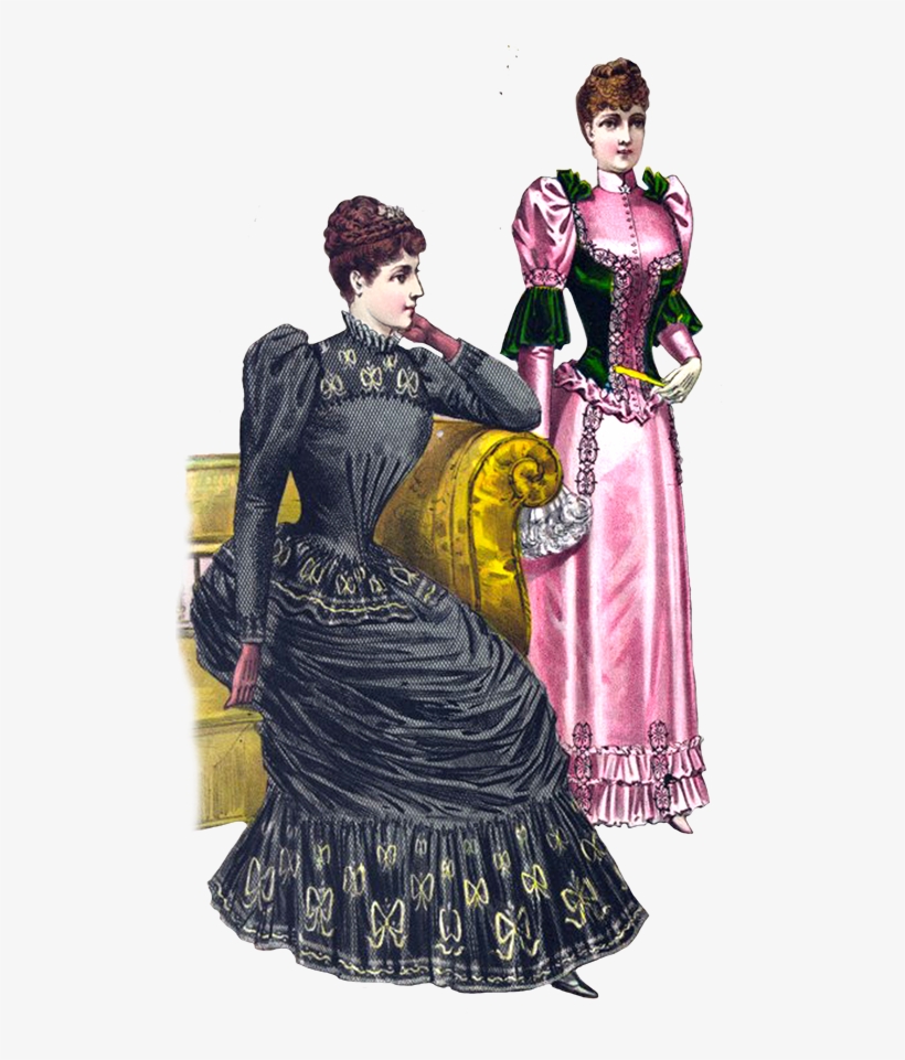 Two Victorian-era women in elaborate 1880s fashion: one seated in black gown with gold embroidery, the other standing in pink and green ensemble.