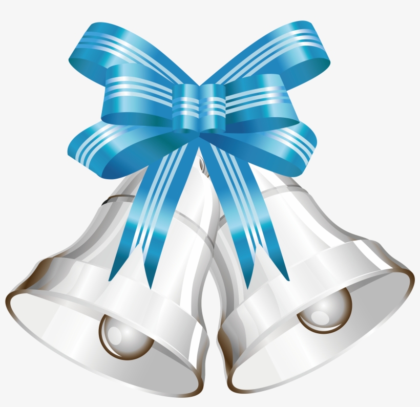 Two shiny silver wedding bells tied with a blue ribbon bow.