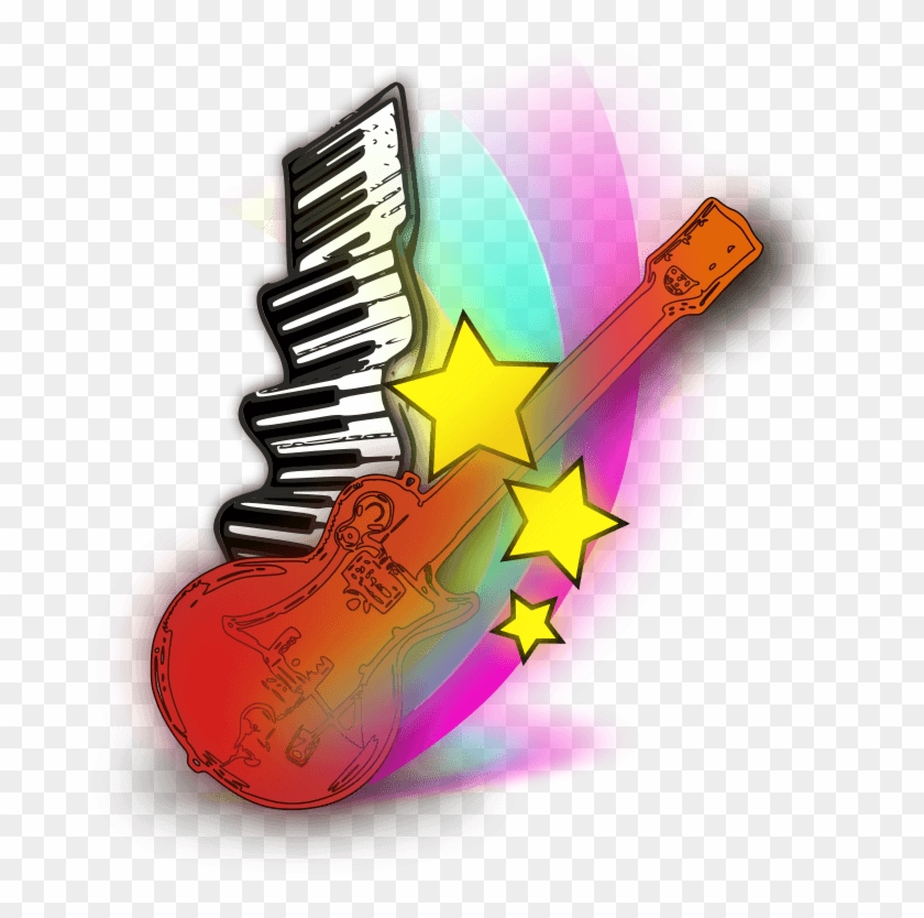 Rainbow-colored electric guitar fused with piano keys and yellow stars on transparent background.