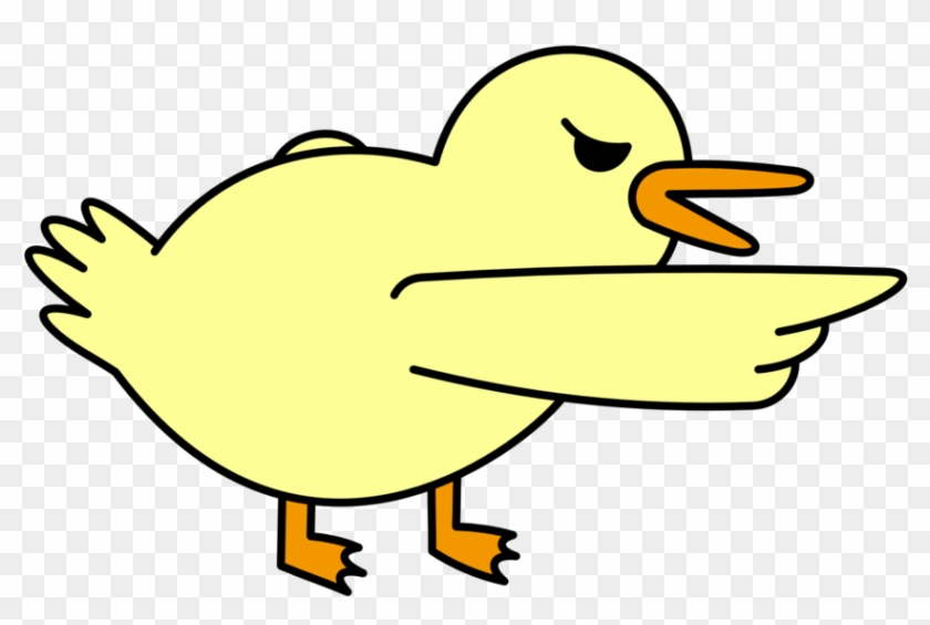 A cartoon yellow duck with orange beak and feet, eyes closed, extending one wing forward as if gesturing or presenting.